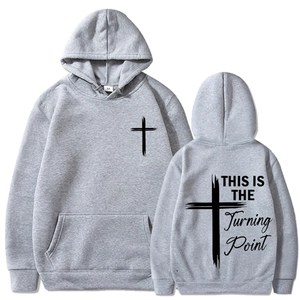 Unisex This is the Turning Point gray hoodie with cross graphic and kangaroo pocket