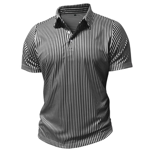Macro shot of vertical striped polo shirt with white buttons and a classic lapel