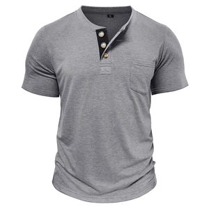 Men's short sleeve Henley t-shirt in grey with black contrast button placket and chest pocket