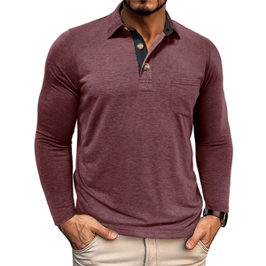 Detail of burgundy long sleeve polo shirt showing collar with contrast inner placket