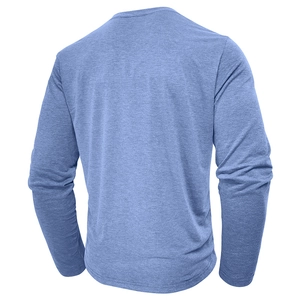 Rear view of a blue heathered long-sleeve Henley shirt showing fabric texture and crew neck