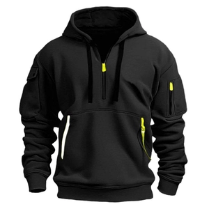 Men's black tactical hoodie with neon green zippers and functional multi-pocket design