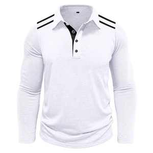 Detail of white polo shirt with black contrast collar and shoulder stripe patterns