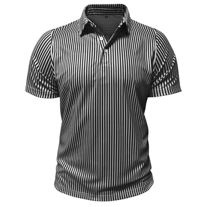 Detail view of men's polo shirt featuring vertical black stripes and a size XL tag