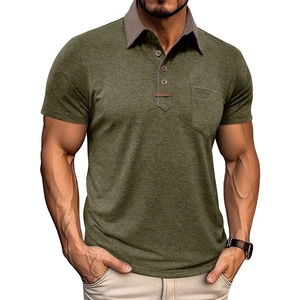 Detail of army green polo shirt with grey contrast collar and front chest pocket