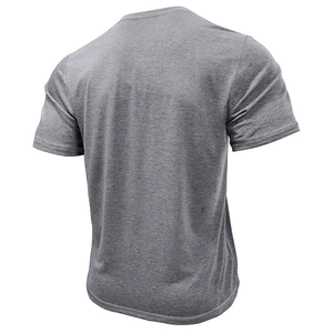 Back view of men's short sleeve knit T-shirt in charcoal gray heather fabric
