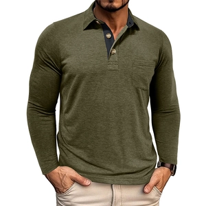 Detail view of olive green polo shirt featuring a functional chest pocket and buttoned collar