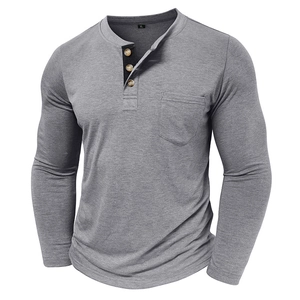 Men's grey long sleeve Henley t-shirt with three-button neckline and front pocket