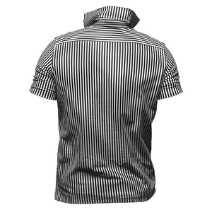 Rear view detail of striped men's polo shirt showing back yoke and fabric texture