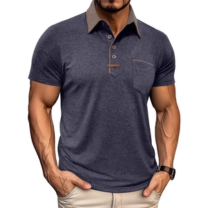 Detail of color-block polo collar and chest pocket on blue heather fabric shirt