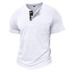 Detail of grey Henley shirt with three amber buttons and black contrast placket
