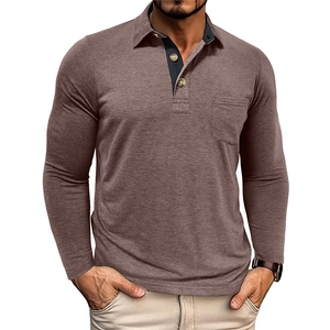 Close-up of brown long sleeve polo shirt with navy blue inner placket and chest pocket