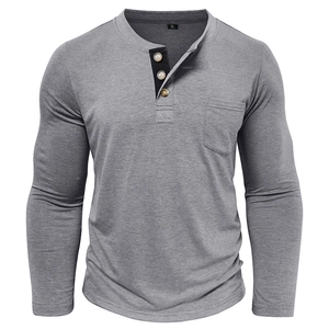 Men's grey long sleeve Henley shirt with three buttons and contrast neck detail
