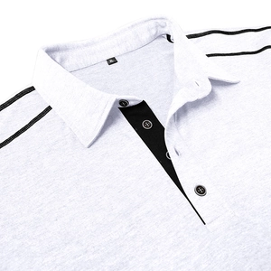 Detail of men's polo shirt featuring contrast placket and shoulder stitching with size tag