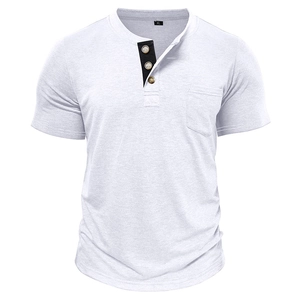 Detail of grey men's short sleeve Henley shirt with three buttons and pocket