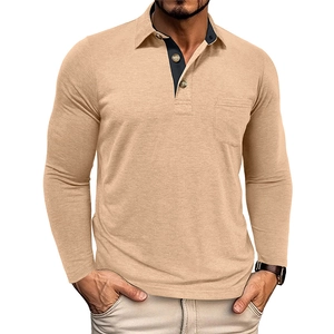 Close-up of khaki long-sleeve polo shirt featuring a chest pocket and wood-textured buttons