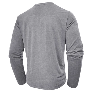 Men's grey long sleeve Henley shirt featuring a minimalist back view and cotton blend texture