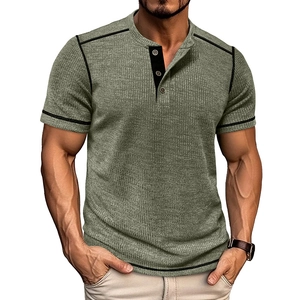 Detail of waffle knit texture and contrast stitching on dark olive green Henley t-shirt