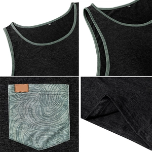 Détails du débardeur sport gris avec bordures contrastées, poche imprimée et écusson cuir