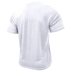Detail view of the back of a light grey heather knitted Henley t-shirt with soft texture