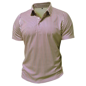 Macro view of vertical striped polo shirt fabric texture and buttons on the collar