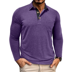 Close-up of men's purple long sleeve polo shirt with gray collar and breast pocket