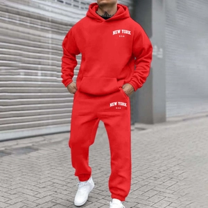 Streetwear red fleece hoodie and joggers set with white New York U.S.A. letter print