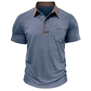 Men's heather blue short sleeve polo shirt with contrast collar and chest pocket detail