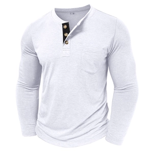 Detail of the three-button Henley neckline and chest pocket on light gray knitted shirt