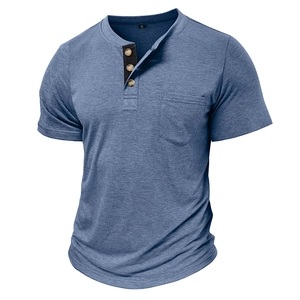 Detail of the navy knit Henley shirt featuring a three-button placket and chest pocket