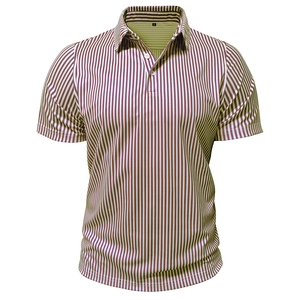 Close-up of red and white vertical striped polo shirt with classic collar and buttons