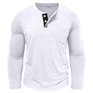 Detail of white Henley shirt featuring 3-button placket with black contrast lining