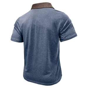 Men's short sleeve polo shirt with contrast collar and blue melange knit fabric texture