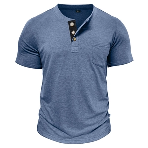 Detail of grey-blue heather knit Henley shirt featuring a three-button placket and chest pocket