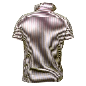 Rear view of striped men's polo shirt with brown and white vertical patterns on white background