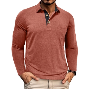 Detailed view of brick red long sleeve polo shirt with contrast navy collar lining