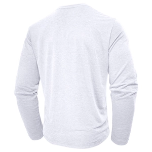 Rear view of men's long sleeve henley shirt in light grey with premium knit texture