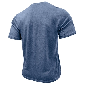 Detail of blue heather short sleeve Henley shirt showing high-quality stitching and fabric texture