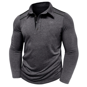 Detail of grey men's long sleeve polo shirt with black contrast stitching on shoulders