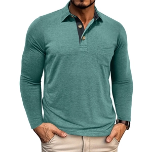 Detailed view of teal heathered long sleeve Polo shirt with contrast placket and chest pocket