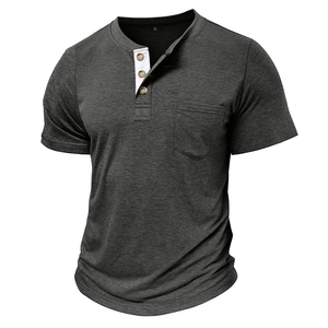 Detail of grey Henley shirt showing three-button placket and white contrast fabric