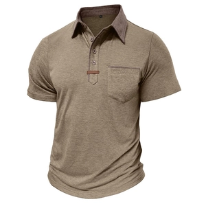 Detail of khaki knit Polo shirt featuring dark brown contrast collar and chest pocket