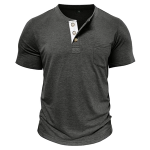 Detail view of grey short sleeve Henley shirt with wood buttons and XL size label