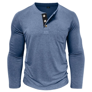 Detail of blue textured long-sleeve Henley shirt featuring a chest pocket and three buttons