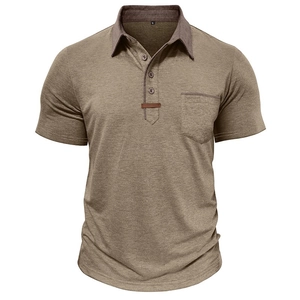 Close-up of khaki short-sleeved polo shirt featuring contrast collar and chest pocket detail