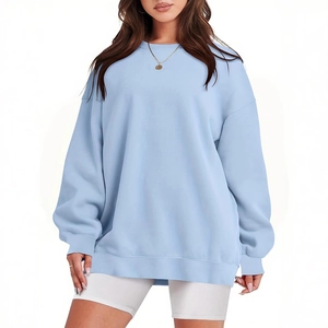 Oversized light blue crew neck sweatshirt for women with drop shoulder casual design