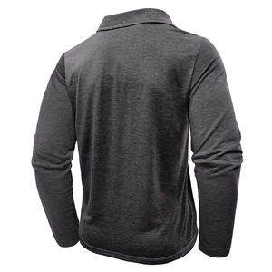 Rear view of a long-sleeved polo shirt with detailed dark grey heathered fabric texture