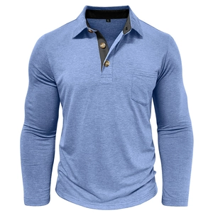 Men's long sleeve polo shirt in Morandi blue with contrasting collar and chest pocket