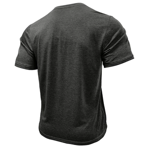 Detail view of the back of a dark grey men's short sleeve shirt with breathable knit texture