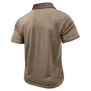 Rear view of men's short-sleeve polo shirt showing brown knit texture and collar detail
